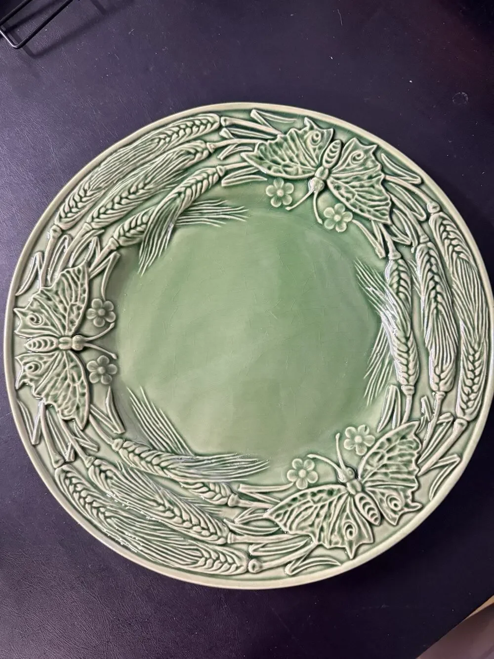 Vintage Bordallo Pinheiro Green Majolica Butterfly Wheat Plate